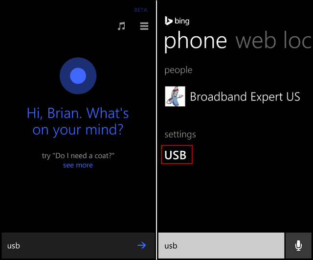 Cortana USB-sökning
