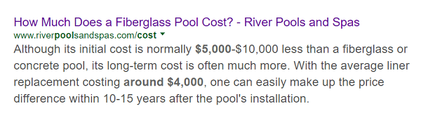 River Pools artikel om kostnaden för en glasfiberpool dyker upp först i en sökning efter det ämnet.