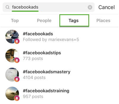 Så här växer du din Instagram strategiskt, steg 9, hitta relevanta hashtags, exempelvis sök efter "facebookads"