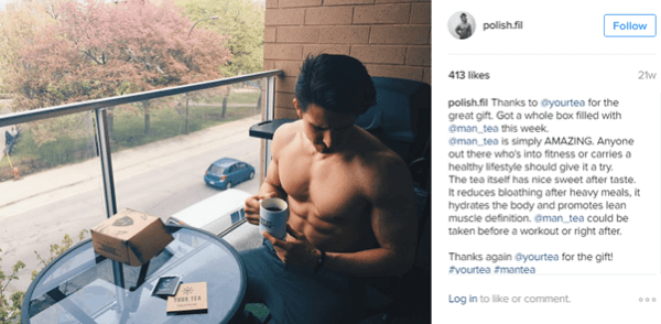 Mikroinfluencer Filip Tomaszewski poserar med Man Tea och delar fördelarna med sina Instagram-följare.