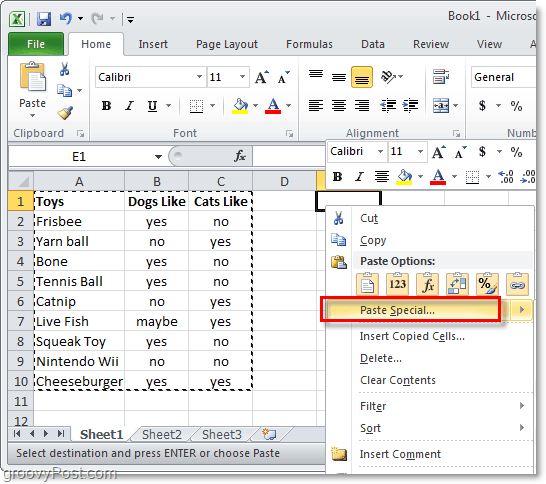 klistra in specialfunktionen i Excel 2010