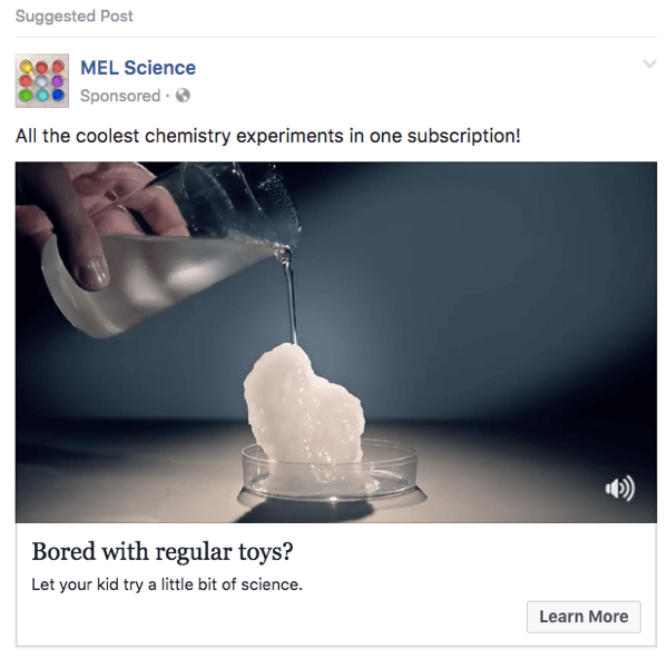 Denna MEL Science Facebook-annons använder klipp från en YouTube-video.