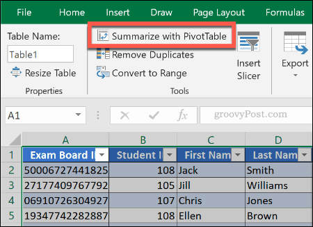 Skapa en pivottabell från en befintlig tabell i Excel