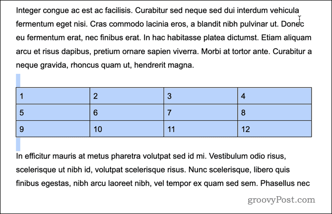 Ett exempel på en flyttad tabell i Google Dokument