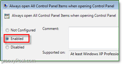 aktivera alternativet för att alltid öppna alla kontrollpanelens objekt i Windows 7