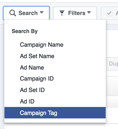 Sök efter Facebook-annonskampanjer efter tagg.