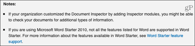 Dokumentinspektionsanmärkningar från Microsofts support