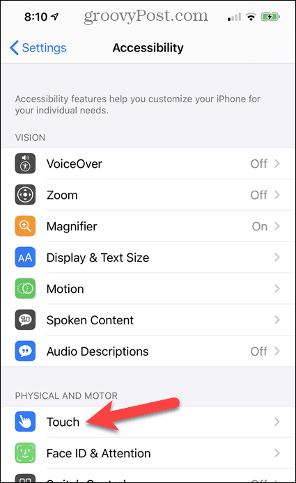 Tryck på Touch i iPhone-tillgänglighet
