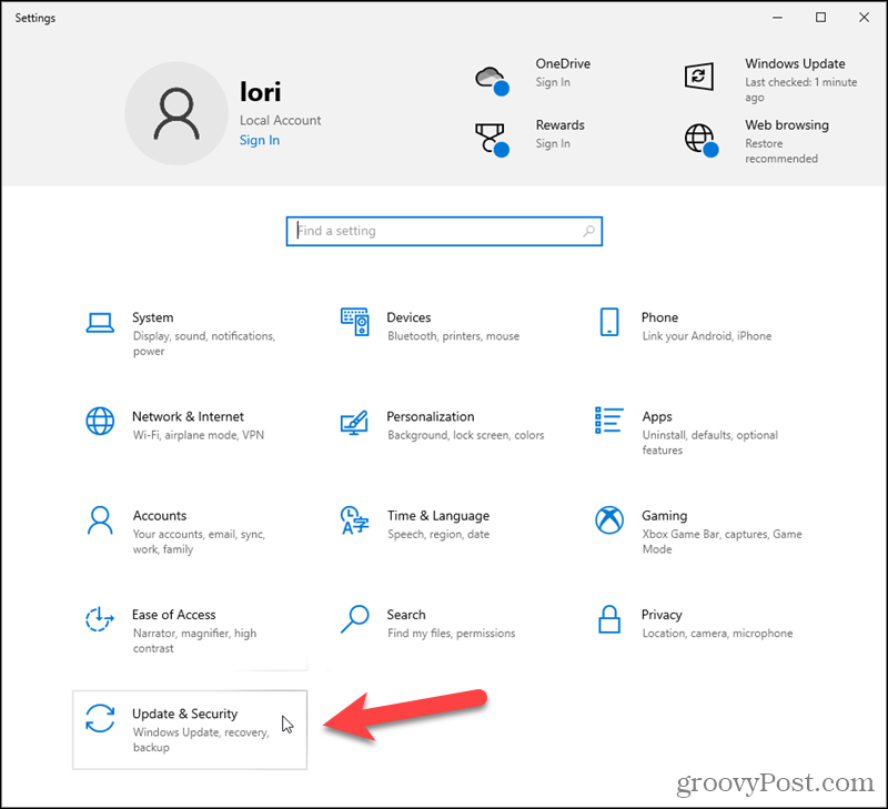 Klicka på Uppdatera och säkerhet i Windows 10-inställningar
