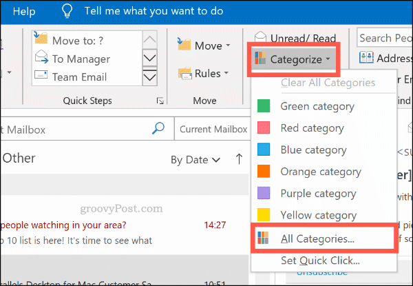 Kategorismenyn för färgkategorier i Outlook