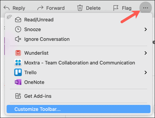 Se Fler objekt, anpassa verktygsfältet i Outlook på Mac