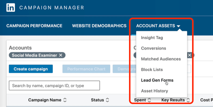 skärmdump av Lead Gen Forms vald i LinkedIn Campaign Manager