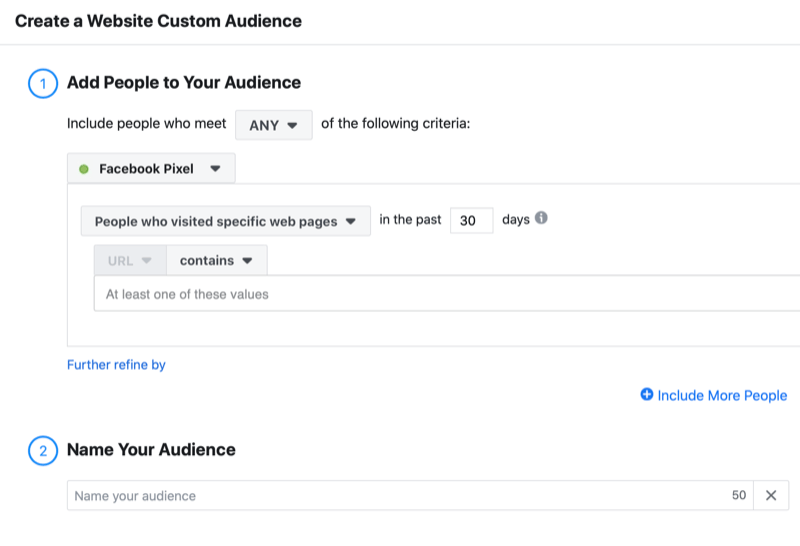 exempel facebook skapa en webbplats anpassad publikmeny inklusive alternativ för att lägga till alla personer som besökte specifika webbsidor under de senaste 30 dagarna med hjälp av facebook-pixeln tillsammans med möjligheten att namnge din publik