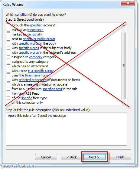 välj inte villkor för skickade e-postmeddelanden i Outlook 2010