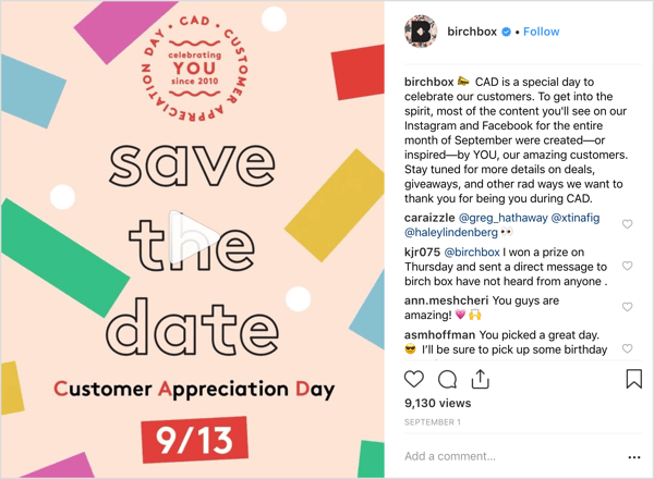 Birchboxs Instagram-konto behandlade anhängare till erbjudanden, gåvor och överraskningar för att markera kundens uppskattningsdag.
