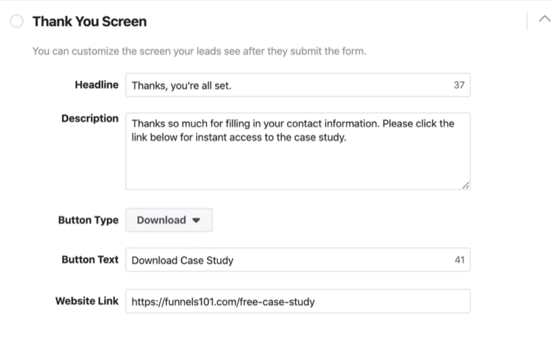 Tack-skärmavsnittet för Facebook-formuläret för installationsformulär