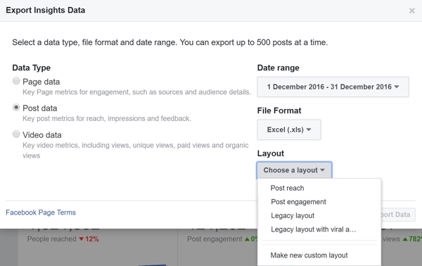 Välj en layout när du exporterar din Facebook Post Data Insights.