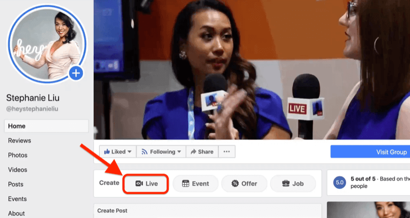 gå live på facebook genom att klicka på live-knappen på din facebook-affärssida