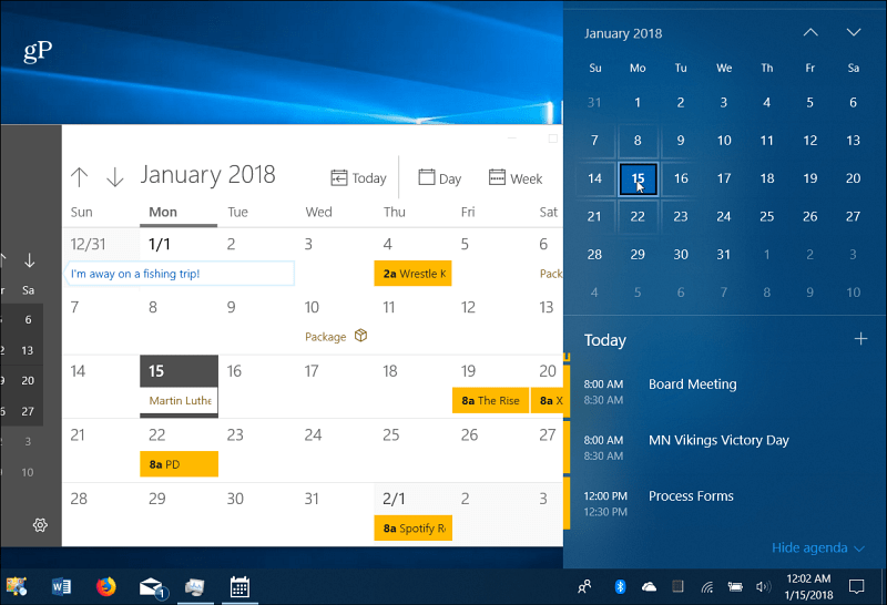 Kalenderhändelser Windows 10 Aktivitetsfält
