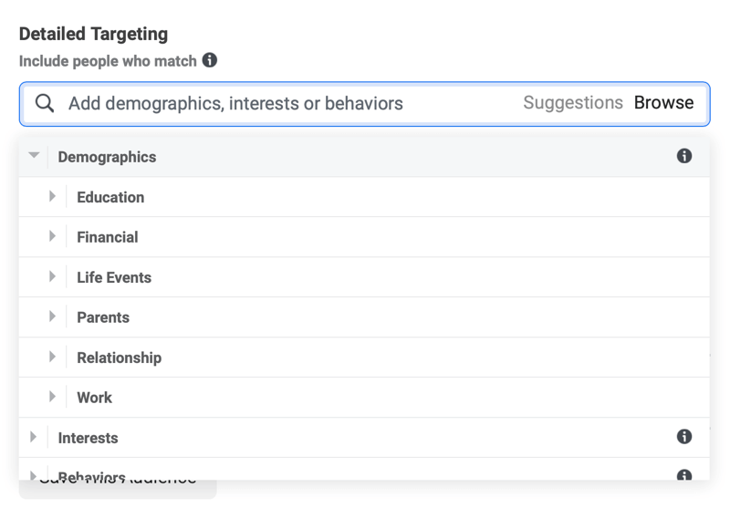 Facebook-annonser detaljerad inriktning på demografikategorin meny inklusive utbildning, ekonomi, livshändelser etc.