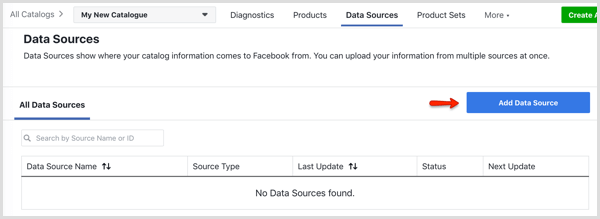 Knappen Lägg till datakälla på fliken Datakällor i Facebook Catalog Manager