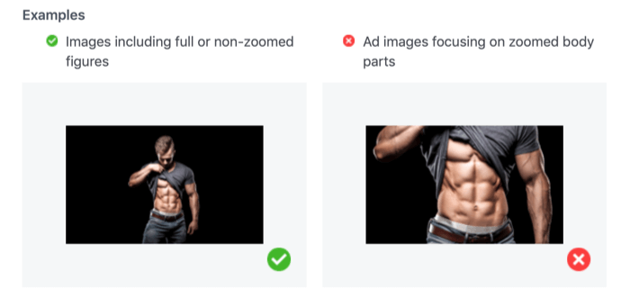 acceptabla och oacceptabla bilder som visar zoomade in kroppsdelar för Facebook-annonser