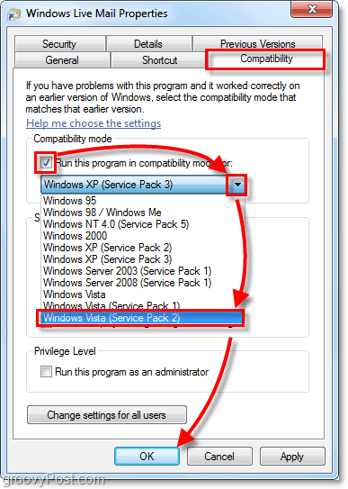 Windows Live Mail Vista-kompatibilitetsläge