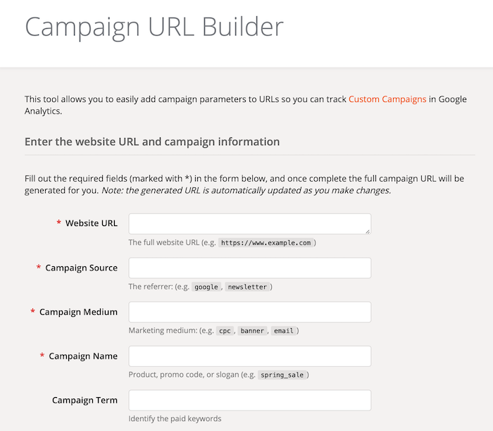 Formfält för Google Analytics-kampanj-URL-skapare