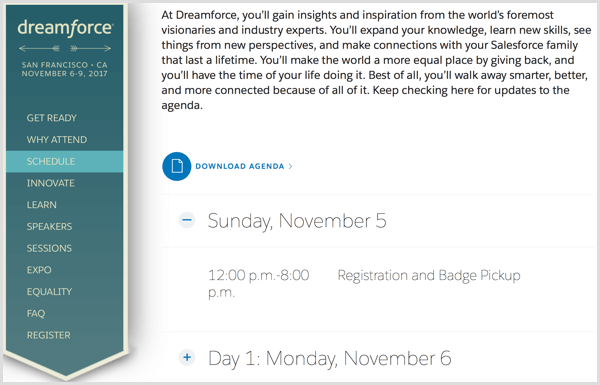 Dreamforce evenemangs webbplats schema