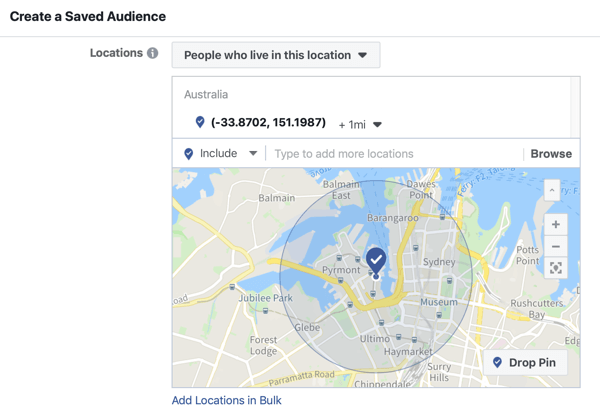 Hur du marknadsför ditt liveevenemang på Facebook, steg 5, möjlighet att skapa en sparad publik baserat på plats för evenemanget