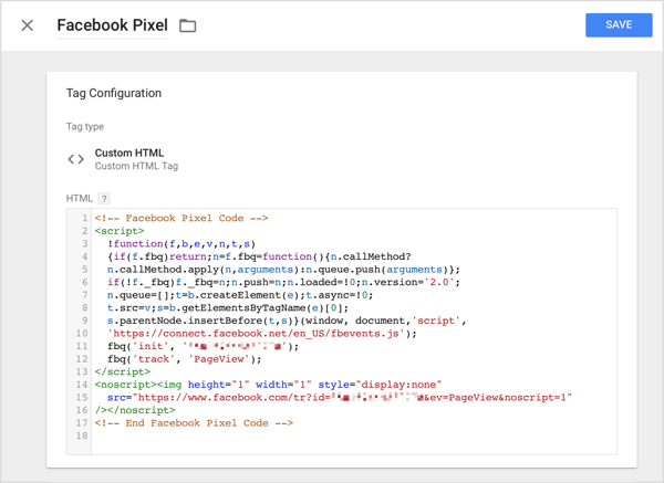 I Google Tag Manager klickar du på alternativet Anpassad HTML och klistrar in spårningskoden som du kopierade från Facebook i HTML-rutan.