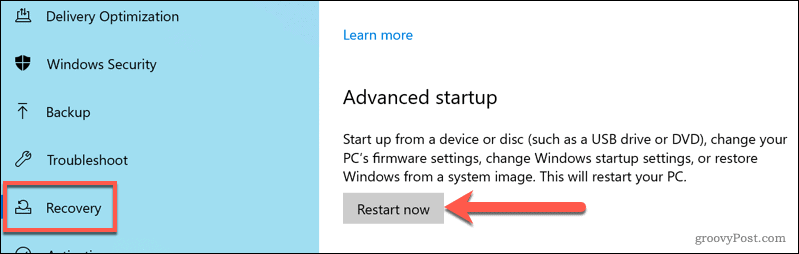 Starta om till Windows Advanced Startup-alternativmenyn