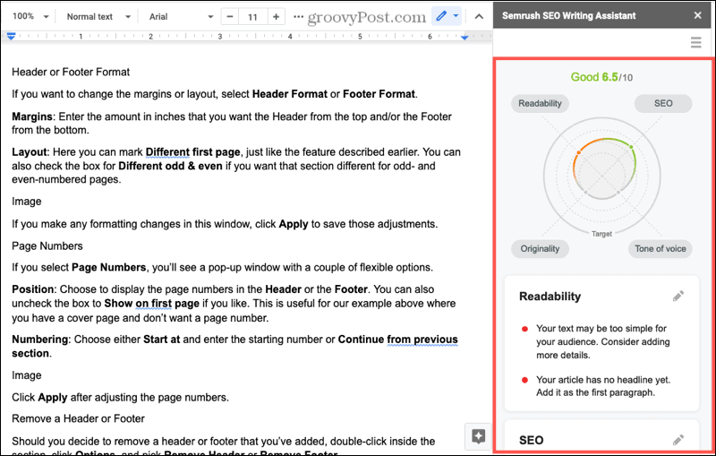 Semrush SEO Writing Assistant-tillägg för Google Docs