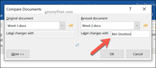 Ställa in etiketten för reviderade ändringar i Word-dokumentjämförelsesverktyget