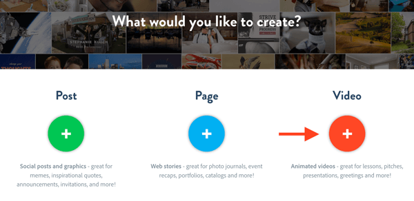 För att skapa ett nytt videoprojekt i Adobe Spark, klicka på Video.