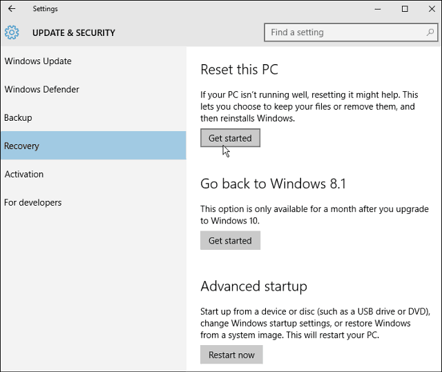 Återställ den här datorn Windows 10