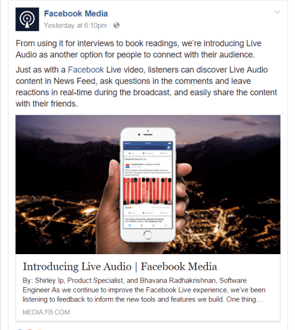 Facebook introducerade ett nytt sätt att gå live på Facebook med Live Audio.
