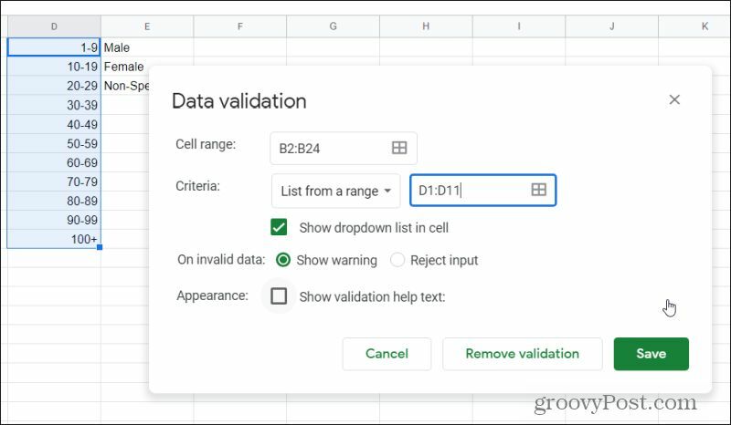 datavalideringsfönster i Google Sheets