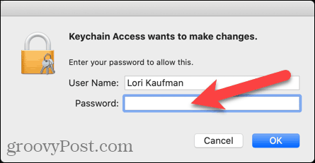 Ange användarnamn och lösenord för Keychain Access