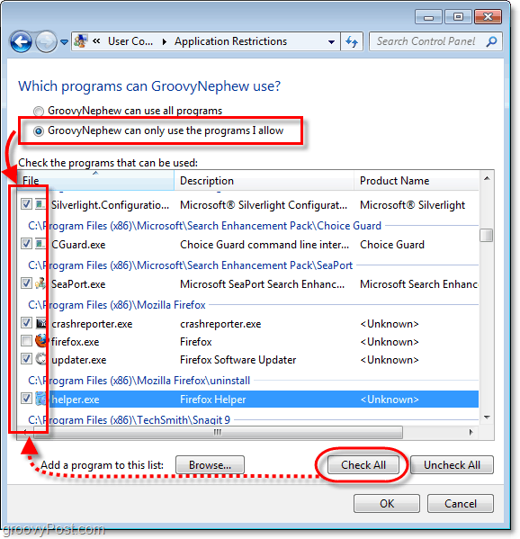 kontrollera användaren kan bara använda de program jag tillåter och klicka sedan på Kontrollera alla. gå nu igen och inaktivera de program du har valt