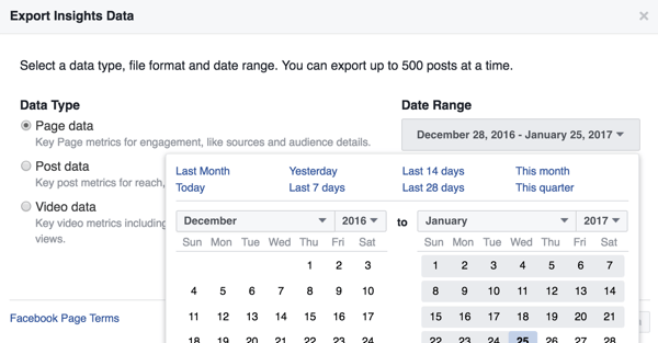 Du kan ändra datumintervallet för Facebook Insights-data du laddar ner.
