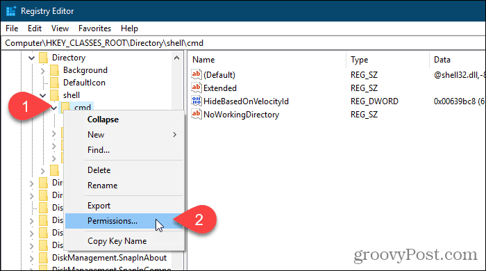 Högerklicka på en registernyckel och välj Behörigheter i Windows-registerredigeraren