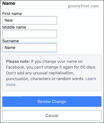 Redigera ett namn i Facebook-mobilappen