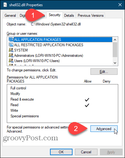 Klicka på Avancerat i dialogrutan Egenskaper i Windows Registry Editor