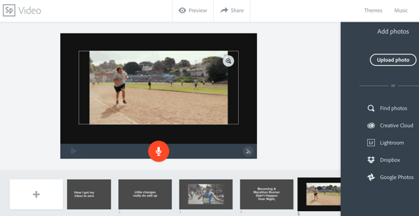 I Adobe Spark kan du välja en mall och anpassa den med text, bilder och videoklipp.