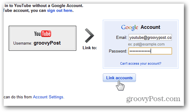 Länka ett YouTube-konto till ett nytt Google-konto - ange konto och lösenord