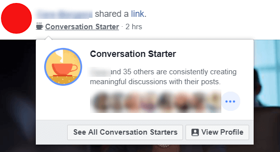 Facebook verkar experimentera med nya Conversation Starter-märken som markerar användare och administratörer som hela tiden skapar meningsfulla diskussioner med sina inlägg.