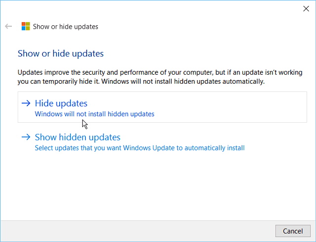 Dölj Windows 10-uppdateringsverktyg