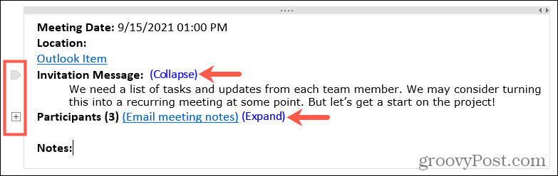 Expandera eller komprimera mötesinformation i OneNote