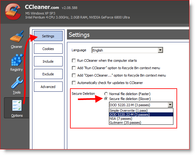 Konfigurera CCleaner för att torka och ta bort filer 3 gånger eller DOD 5220.22-M på ett säkert sätt